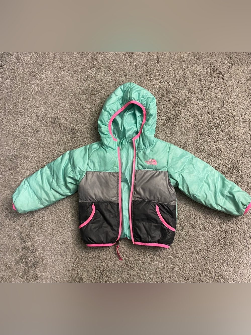 The North Face Mint, Gray & Black Hooded Kids Puffer with Pink Trim